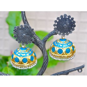 Bold Two Tone Silver Gold Blue Jhumka Earrings 